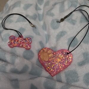 Pink Glitter Heart and Bone Necklaces Resin